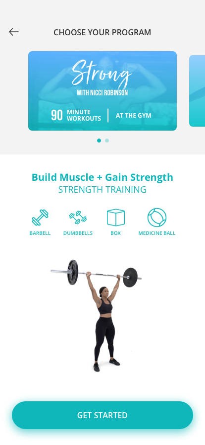 Preview of FitBody App showing the strong workout and a 'Get Started' button.