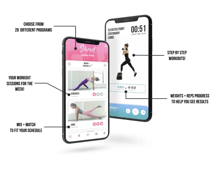 Diagram showing the features of the app: Choose from 10 different programs. Your workout sessions for the week. Mix and Match to fit your schedule. Step by step workouts. Weights and reps progress to help you see results.